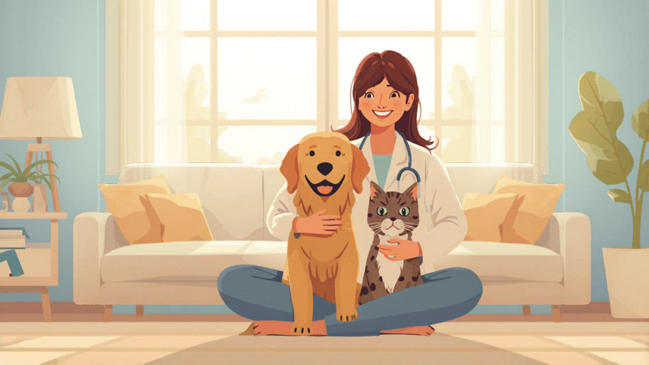 A happy pet owner with a dog and cat in a bright, cozy home setting