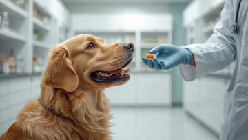 Veterinarian offering a chewable treat medication to a golden retriever dog in a clinical setting