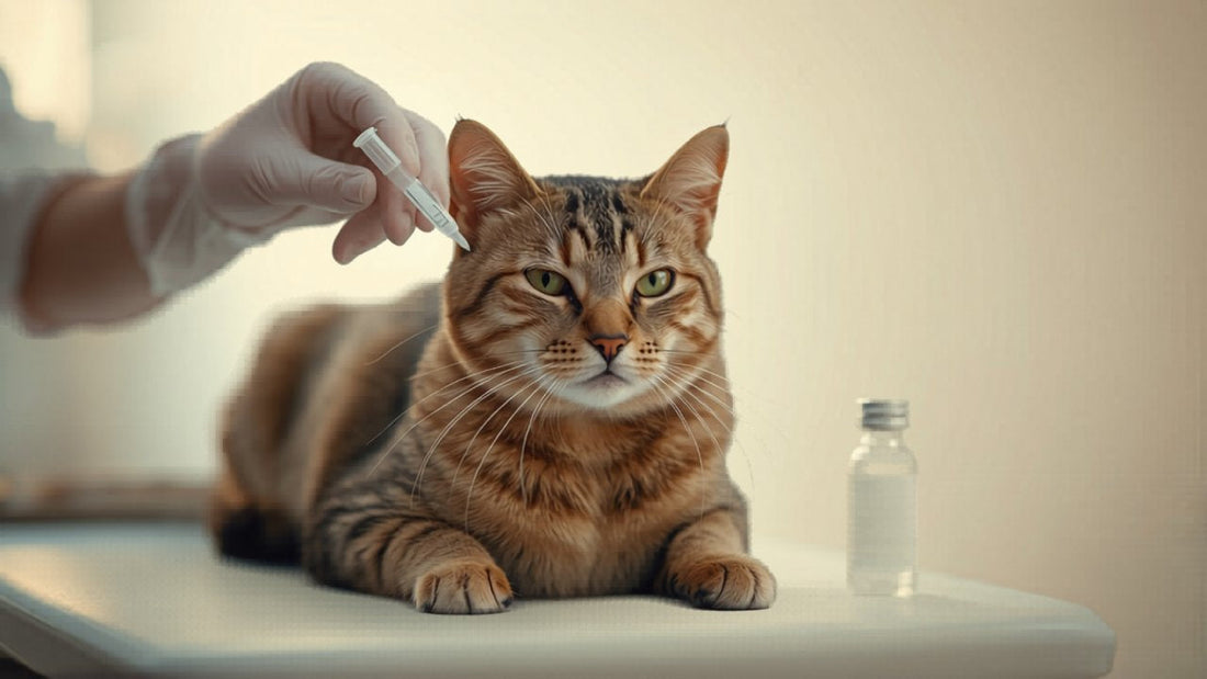 Veterinarian applying transdermal gel to a cat's inner ear at a veterinary clinic
