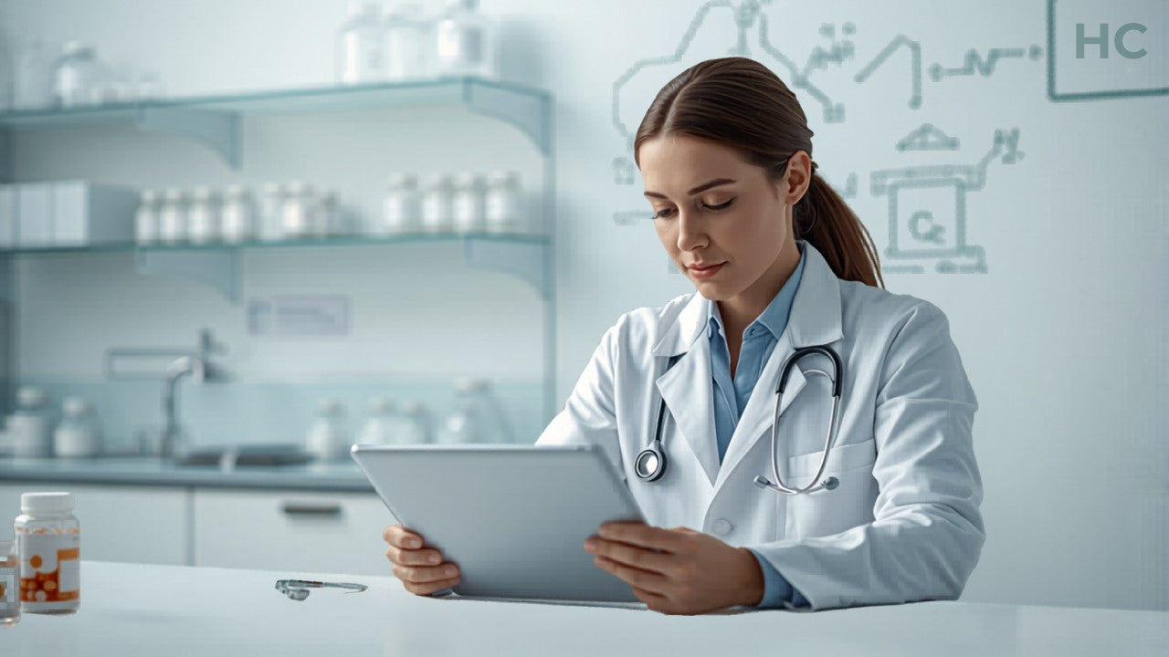 Veterinarian reviewing pharmacy documentation at a clinical desk