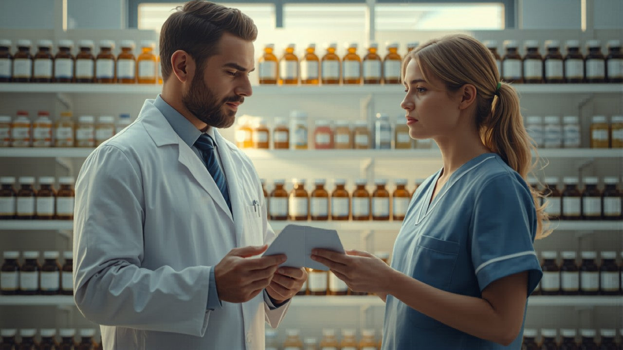 Veterinarian and pharmacist reviewing a prescription together in a professional pharmacy setting