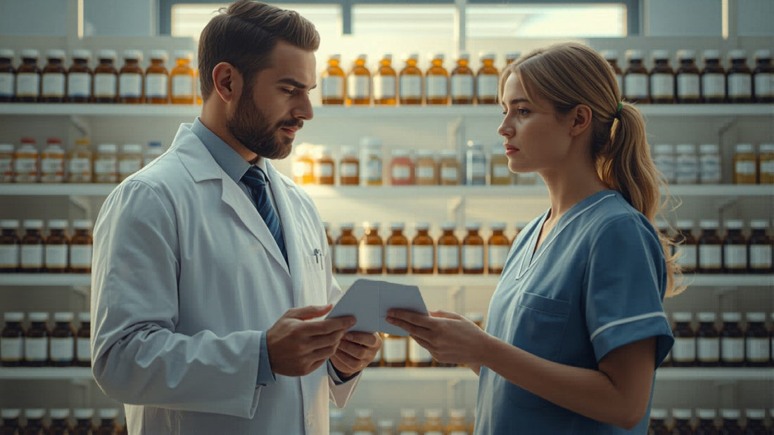 Veterinarian and pharmacist reviewing a prescription together in a professional pharmacy setting