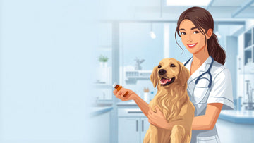 Veterinarian in a modern clinic discussing a medication with a pet owner, representing veterinary pharmacy partnership and prescription convenience