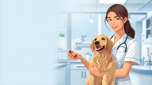 Veterinarian in a modern clinic discussing a medication with a pet owner, representing veterinary pharmacy partnership and prescription convenience